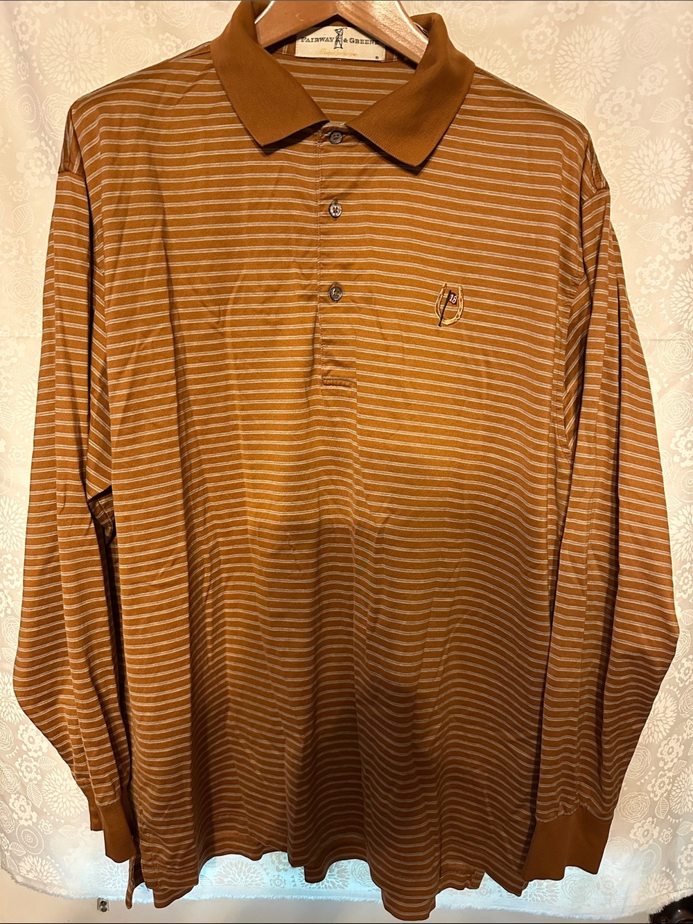 Fairway & Greene Striped Long-Sleeve Polo in Rust Brown